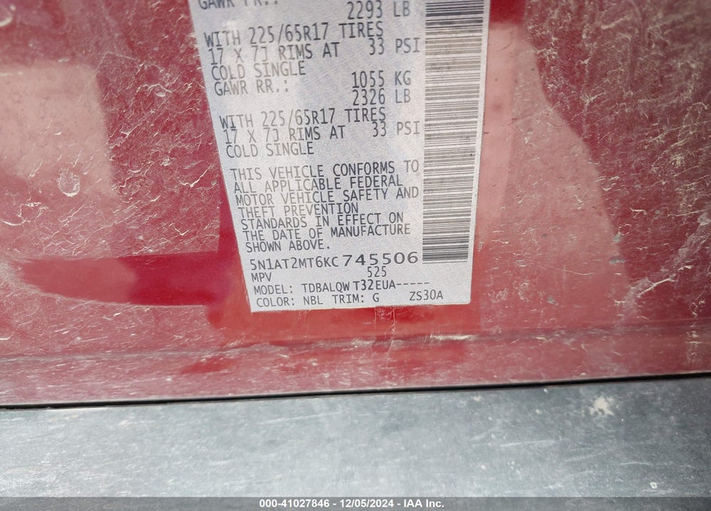 2019 NISSAN ROGUE SV VIN: 5N1AT2MT6KC745506