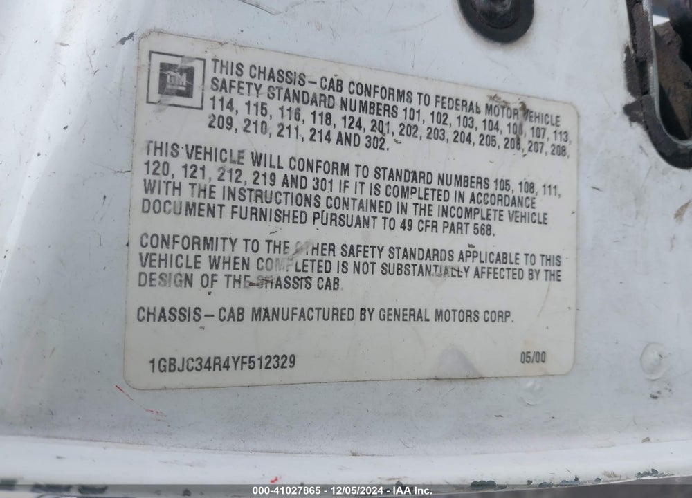 2000 CHEVROLET C3500 CHASSIS VIN: 1GBJC34R4YF512329