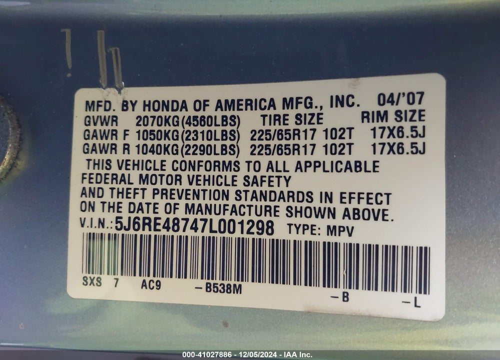 2007 HONDA CR-V EX-L VIN: 5J6RE48747L001298