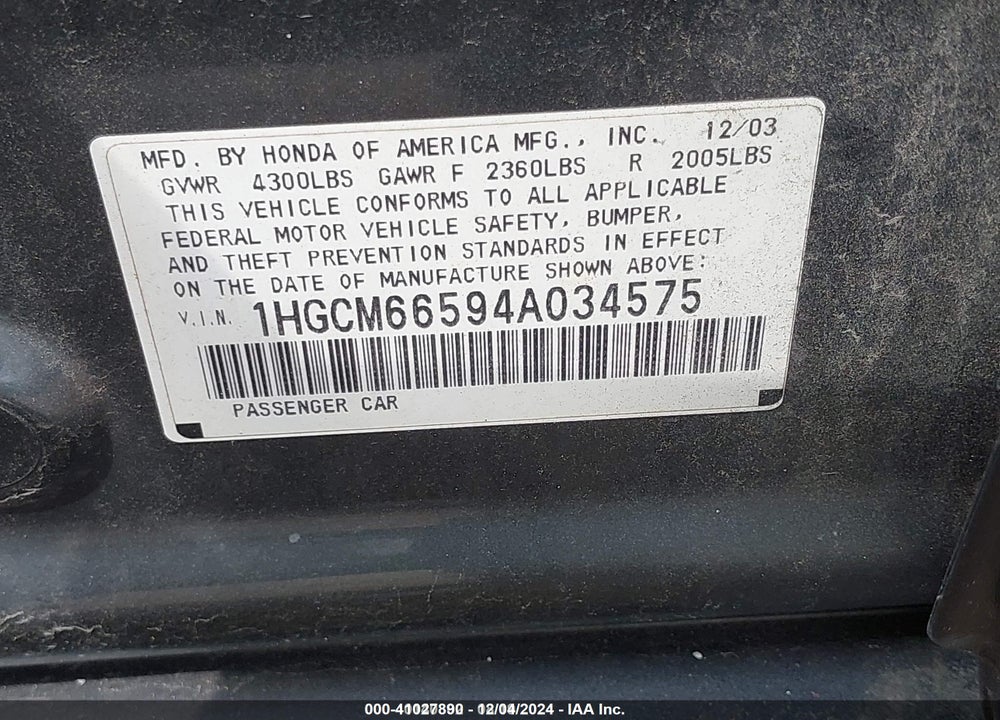 2004 HONDA ACCORD 3.0 EX VIN: 1HGCM66594A034575
