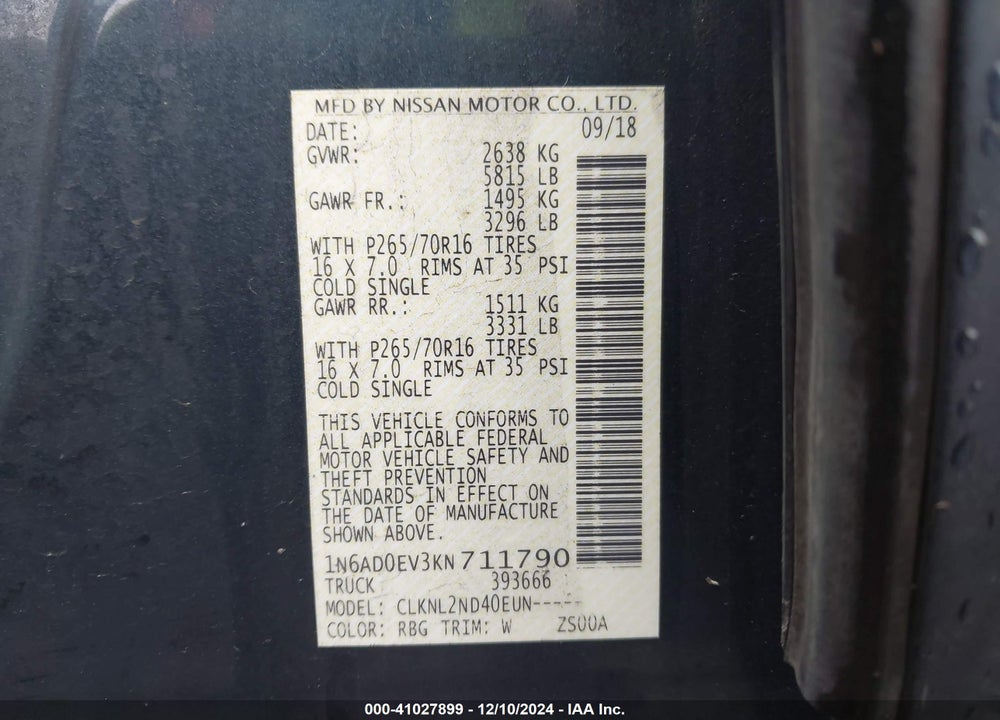 2019 NISSAN FRONTIER SV VIN: 1N6AD0EV3KN711790