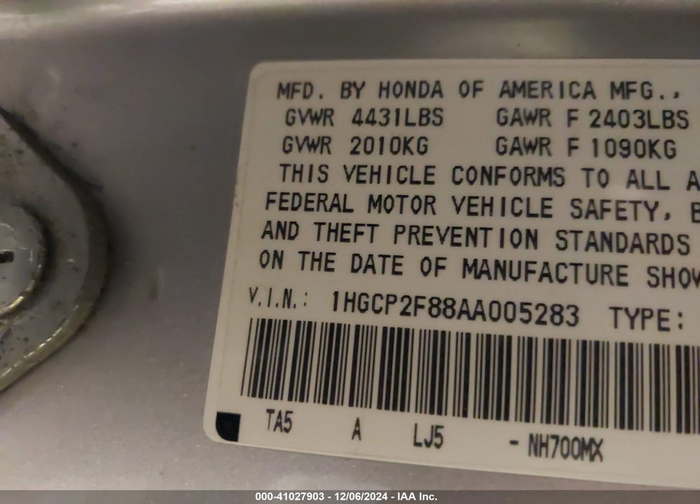 2010 HONDA ACCORD 2.4 EX-L VIN: 1HGCP2F88AA005283