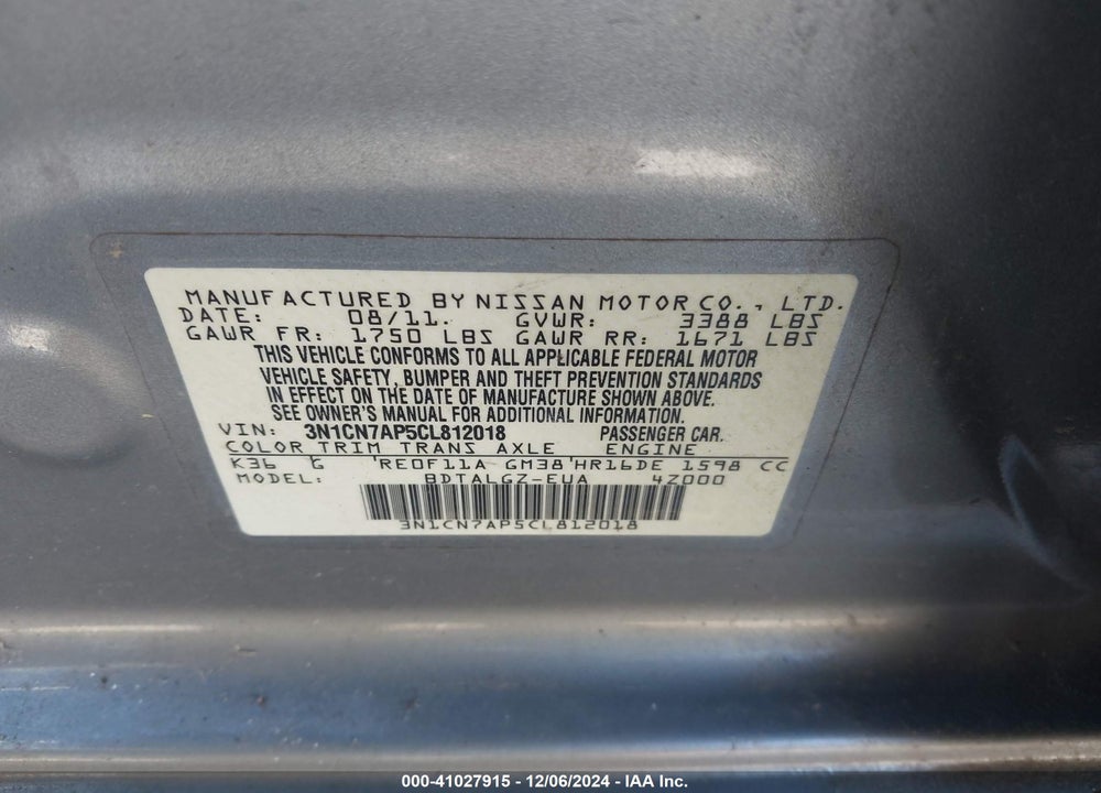 2012 NISSAN VERSA 1.6 SL VIN: 3N1CN7AP5CL812018