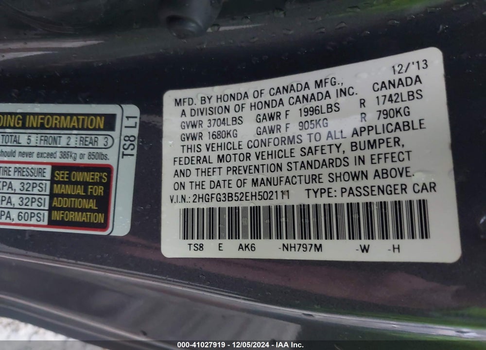 2014 HONDA CIVIC VIN: 2HGFG3B52EH502111