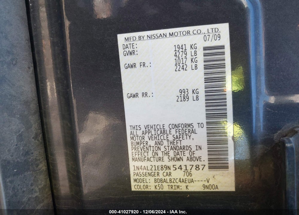 2009 NISSAN ALTIMA 2.5 S VIN: 1N4AL21E89N541787