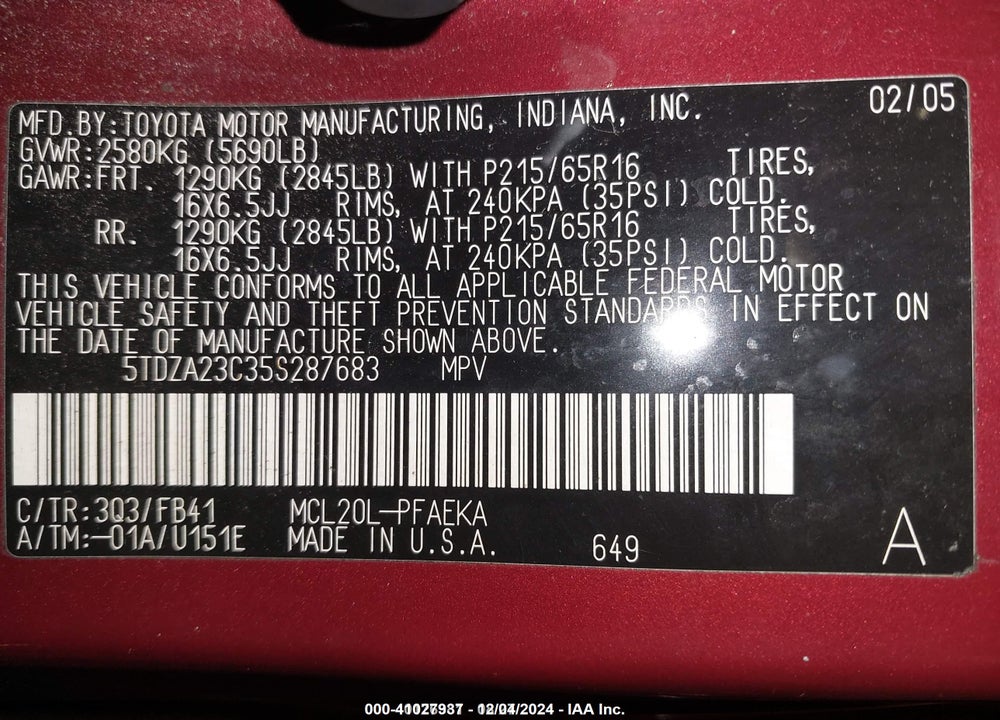 2005 TOYOTA SIENNA LE VIN: 5TDZA23C35S287683
