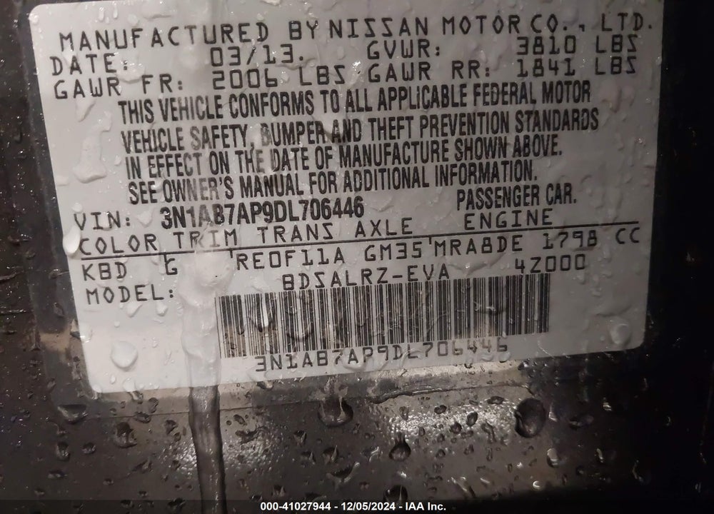 2013 NISSAN SENTRA SR VIN: 3N1AB7AP9DL706446