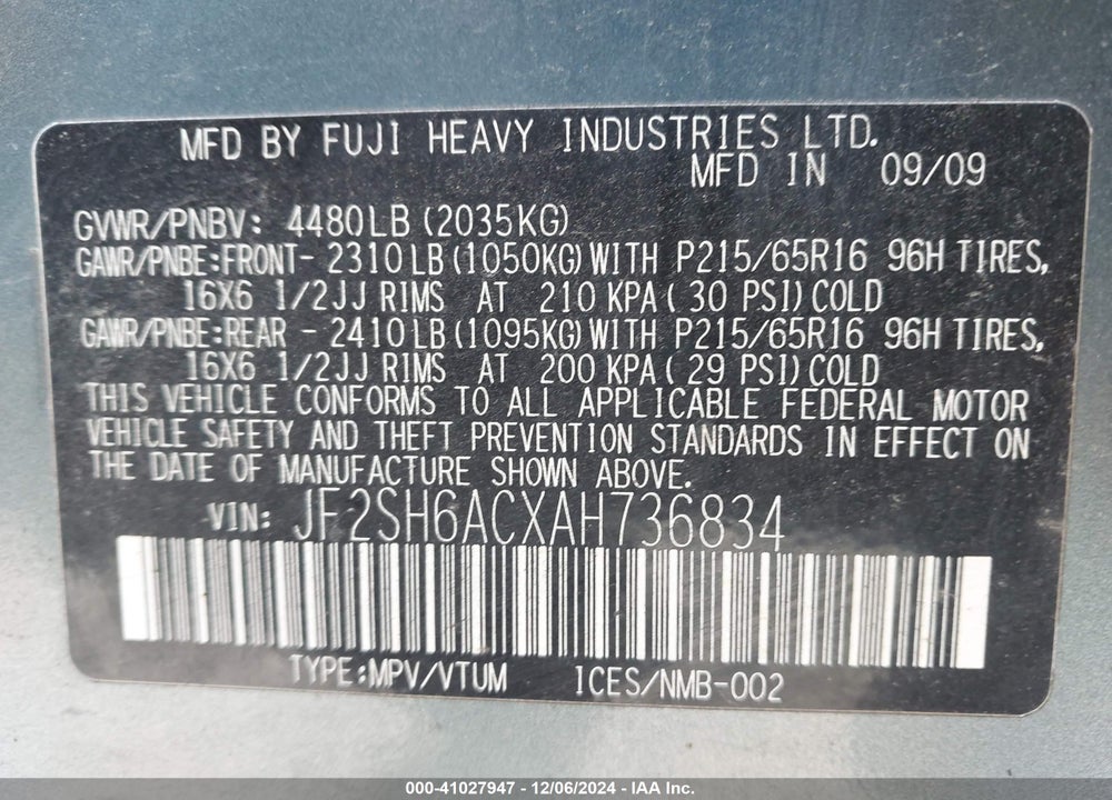 2010 SUBARU FORESTER 2.5X VIN: JF2SH6ACXAH736834