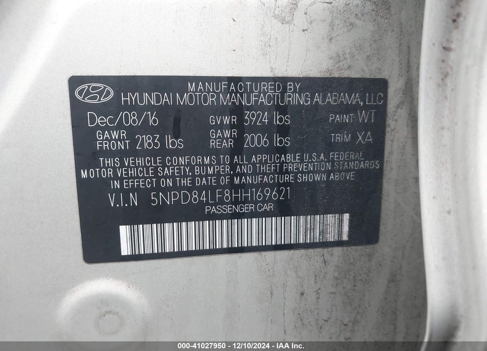 2017 HYUNDAI ELANTRA VALUE EDITION VIN: 5NPD84LF8HH169621