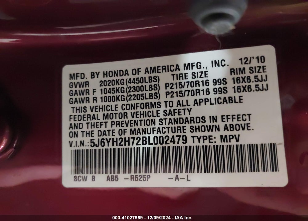 2011 HONDA ELEMENT EX VIN: 5J6YH2H72BL002479