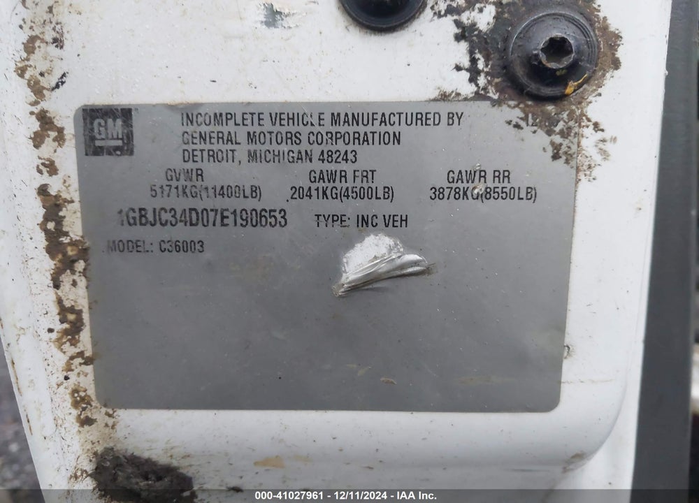 2007 CHEVROLET SILVERADO 3500 CHASSIS CLASSIC WORK TRUCK VIN: 1GBJC34D07E190653