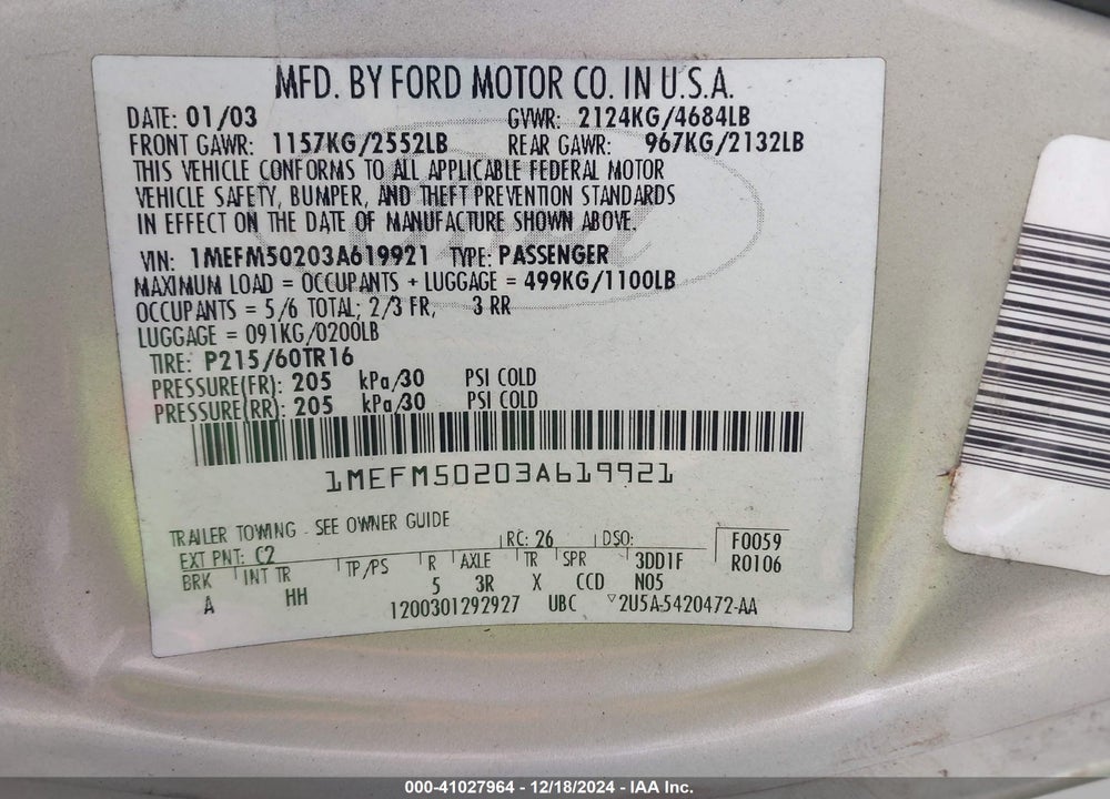 2003 MERCURY SABLE GS VIN: 1MEFM50203A619921