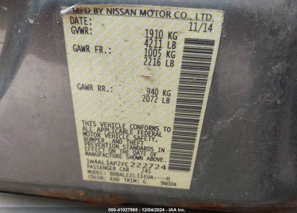 2015 NISSAN ALTIMA 2.5 S VIN: 1N4AL3AP2FC222724