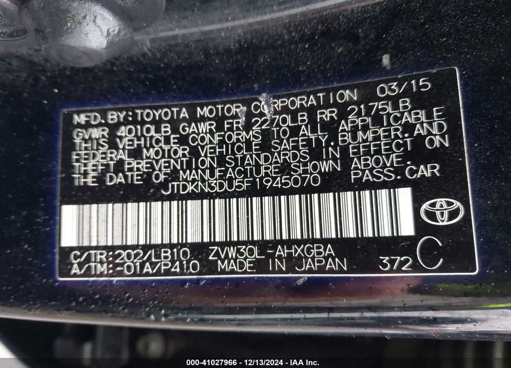 2015 TOYOTA PRIUS VIN: JTDKN3DU5F1945070