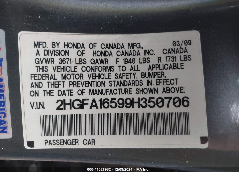 2009 HONDA CIVIC VIN: 2HGFA16599H350706