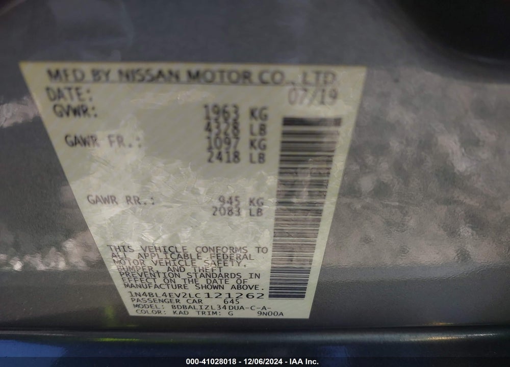 2020 NISSAN ALTIMA SL FWD VIN: 1N4BL4EV2LC121262