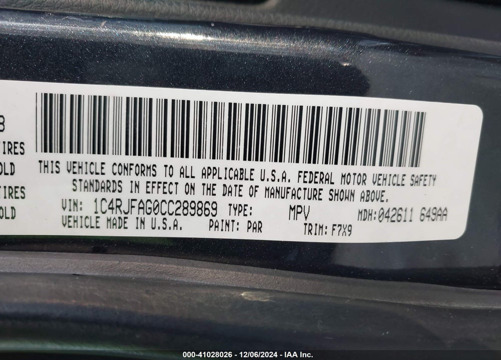 2012 JEEP GRAND CHEROKEE LAREDO VIN: 1C4RJFAG0CC289869
