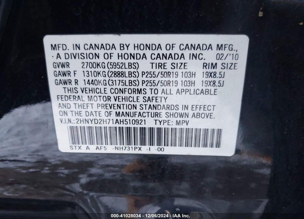 2010 ACURA MDX ADVANCE PACKAGE VIN: 2HNYD2H71AH510921