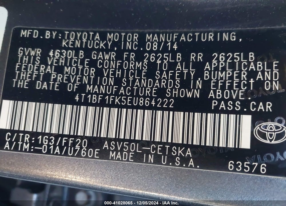 2014 TOYOTA CAMRY SE VIN: 4T1BF1FK5EU864222