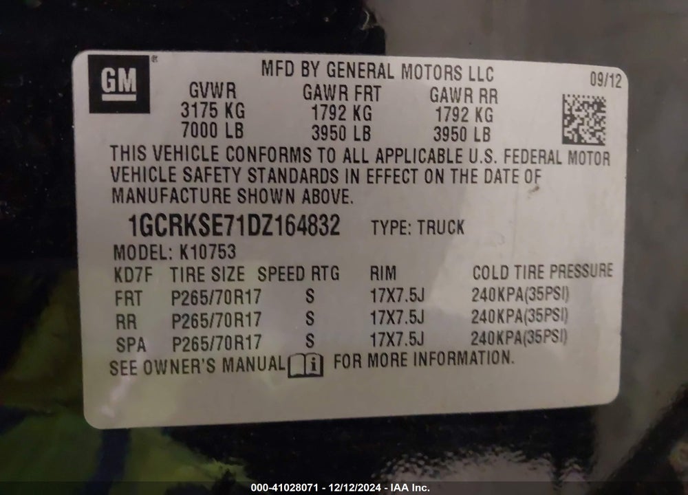2013 CHEVROLET SILVERADO 1500 LT VIN: 1GCRKSE71DZ164832