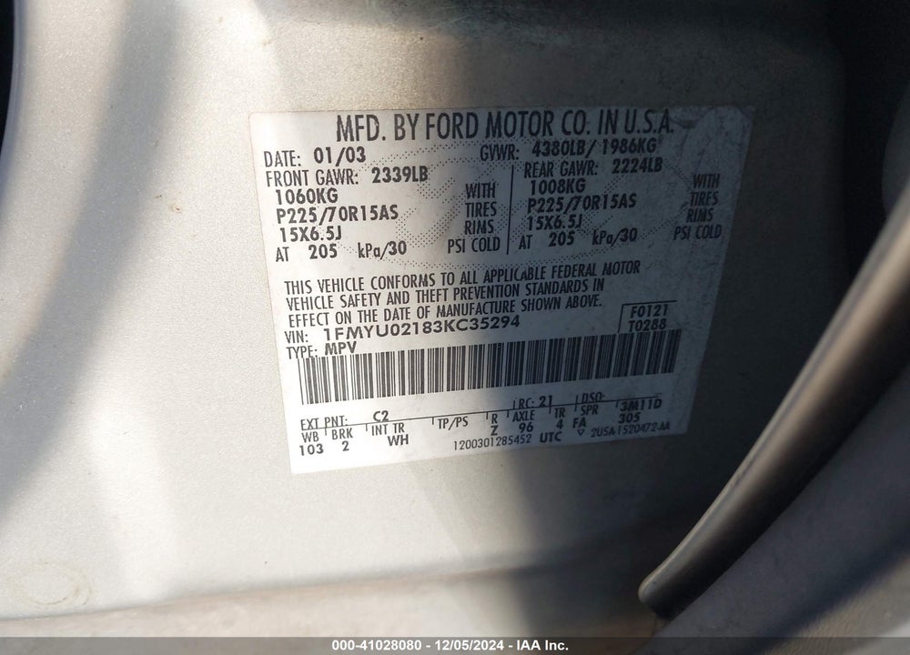 2003 FORD ESCAPE XLS VIN: 1FMYU02183KC35294