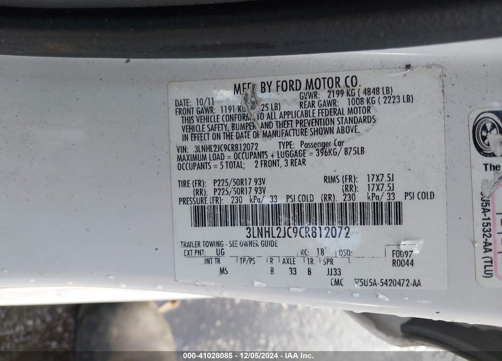 2012 LINCOLN MKZ VIN: 3LNHL2JC9CR812072