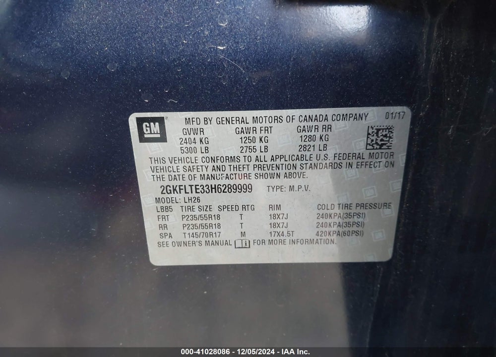 2017 GMC TERRAIN SLE-2 VIN: 2GKFLTE33H6289999