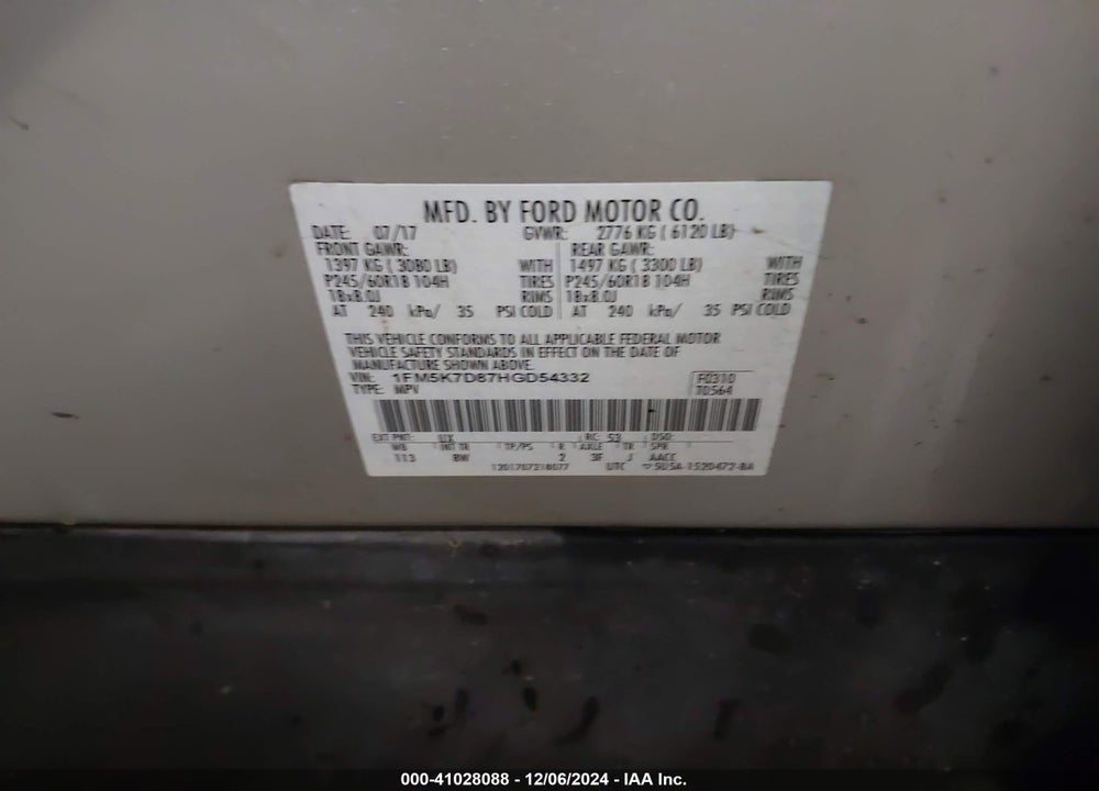 2017 FORD EXPLORER XLT VIN: 1FM5K7D87HGD54332