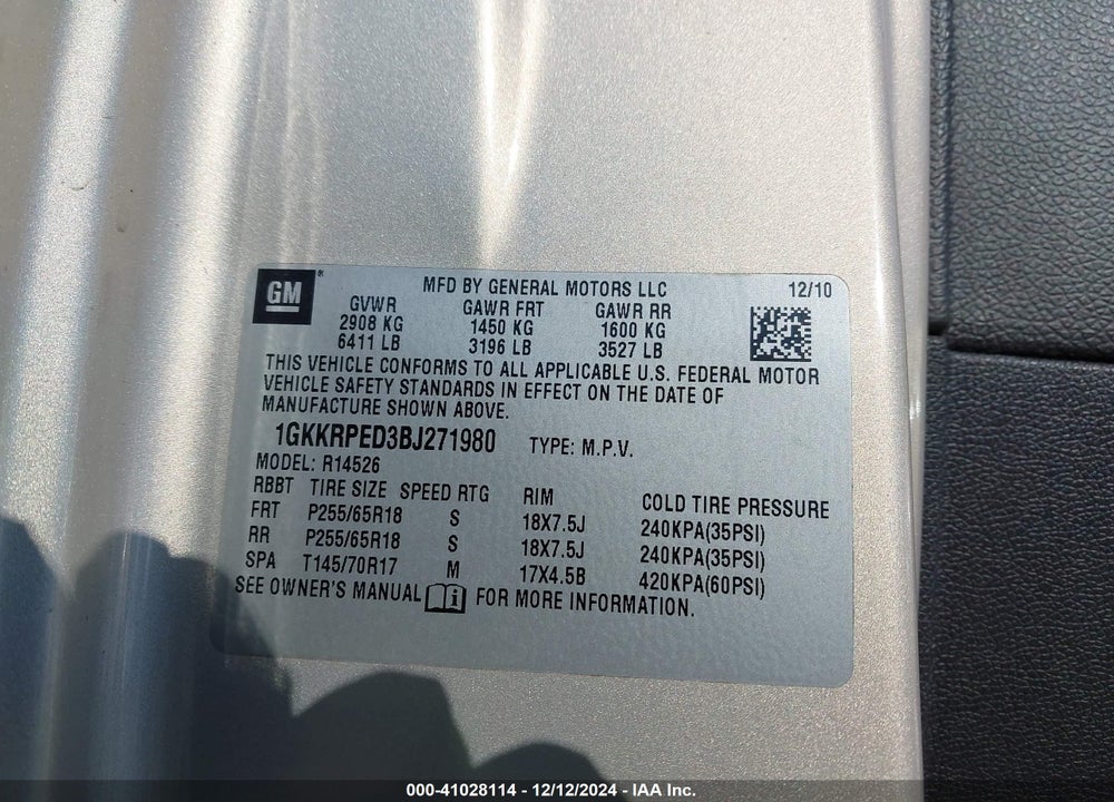 2011 GMC ACADIA SLE VIN: 1GKKRPED3BJ271980