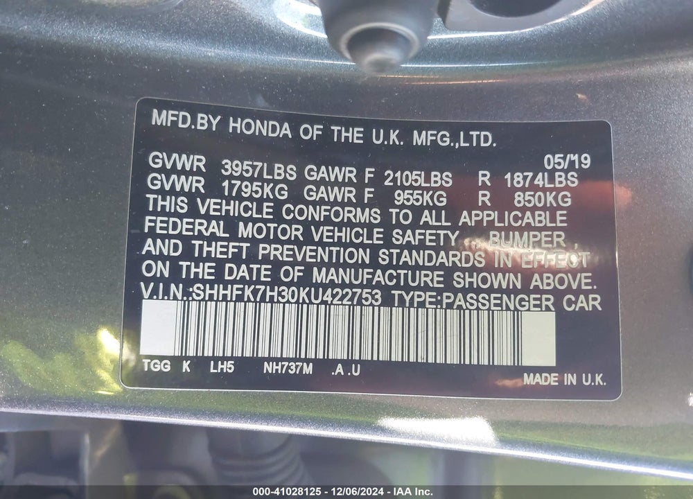 2019 HONDA CIVIC LX VIN: SHHFK7H30KU422753