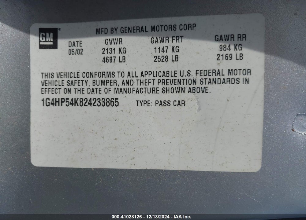 2002 BUICK LESABRE CUSTOM VIN: 1G4HP54K824233865