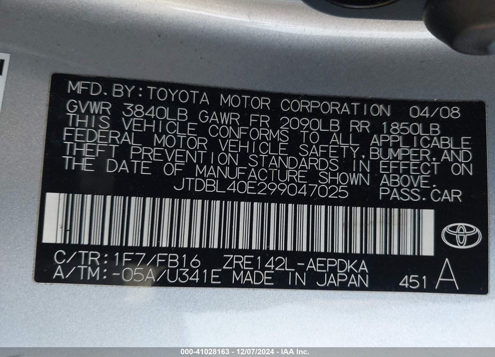 2009 TOYOTA COROLLA LE VIN: JTDBL40E299047025