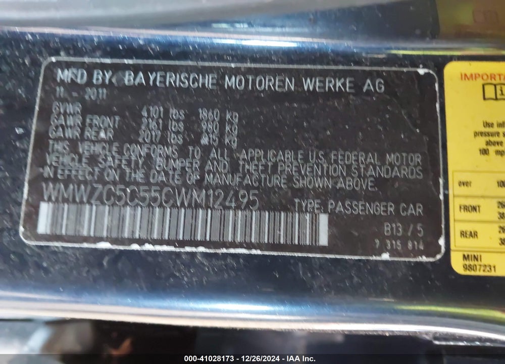 2012 MINI COOPER S COUNTRYMAN VIN: WMWZC5C55CWM12495