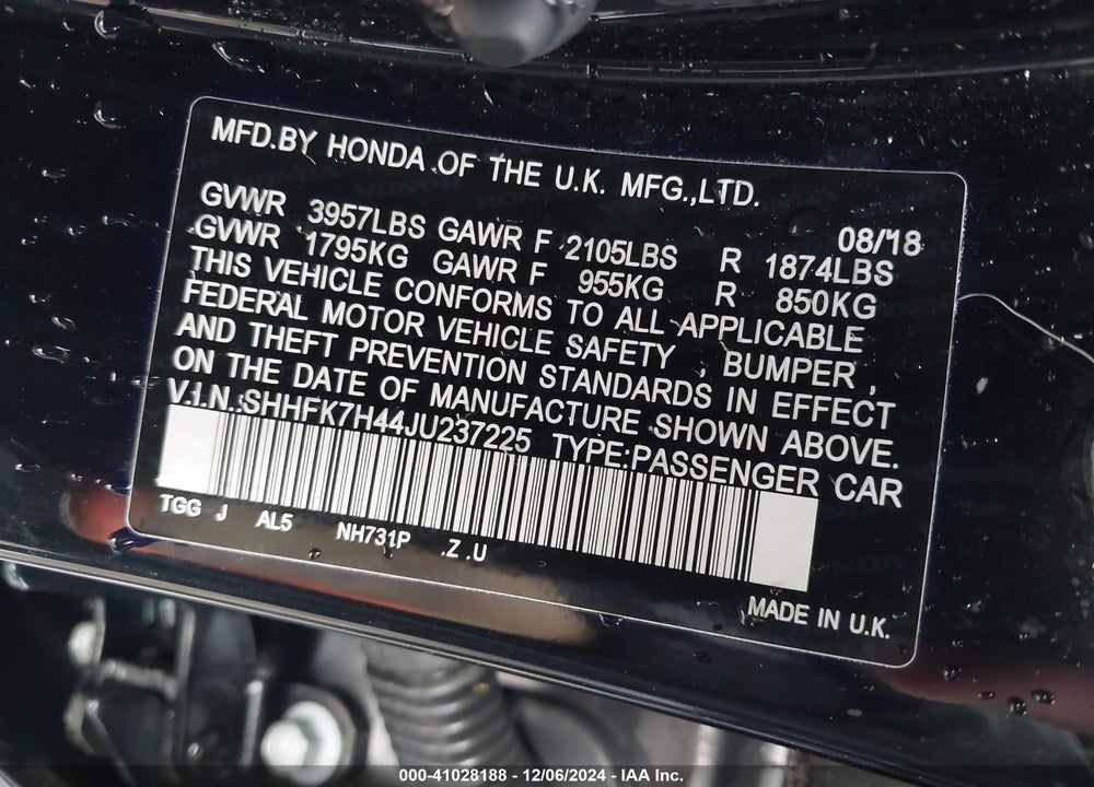 2018 HONDA CIVIC SPORT VIN: SHHFK7H44JU237225