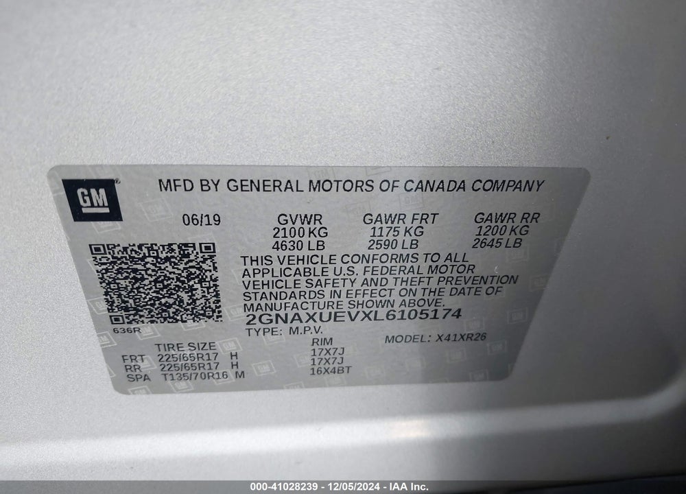 2020 CHEVROLET EQUINOX AWD LT 1.5L TURBO VIN: 2GNAXUEVXL6105174