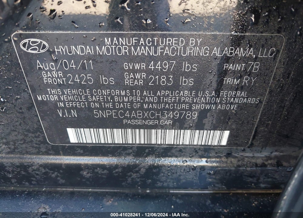 2012 HYUNDAI SONATA SE 2.0T VIN: 5NPEC4ABXCH349789