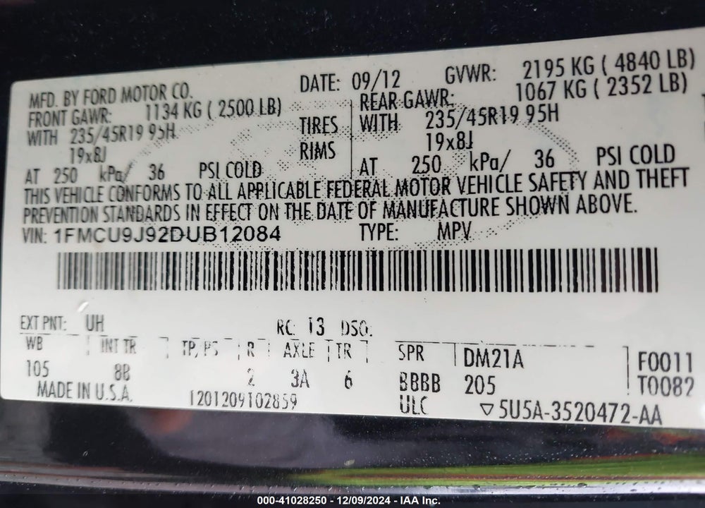 2013 FORD ESCAPE TITANIUM VIN: 1FMCU9J92DUB12084