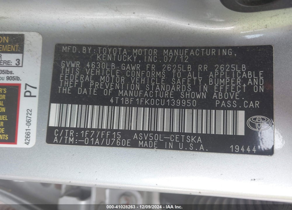2012 TOYOTA CAMRY VIN: 4T1BF1FK0CU139950