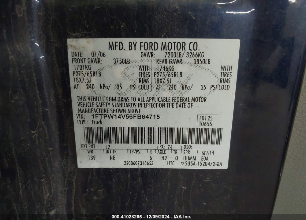 2006 FORD F-150 VIN: 1FTPW14V56FB64715