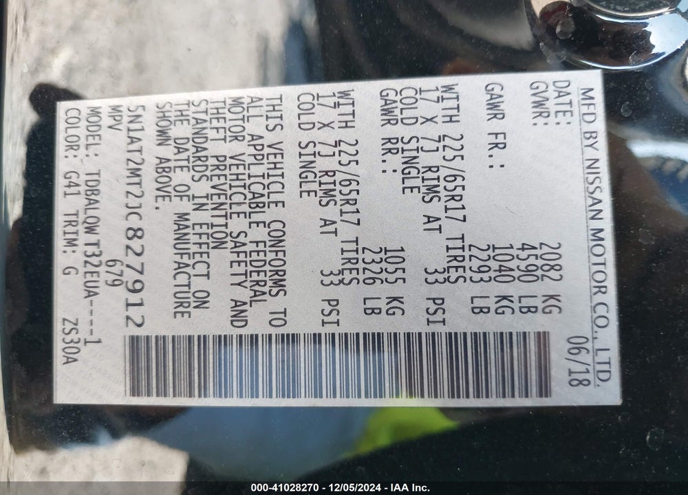 2018 NISSAN ROGUE SV VIN: 5N1AT2MT2JC827912