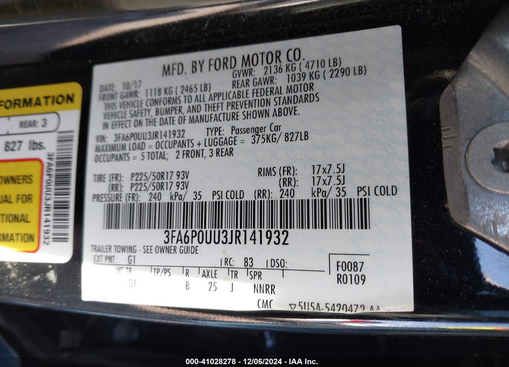 2018 FORD FUSION HYBRID S VIN: 3FA6P0UU3JR141932
