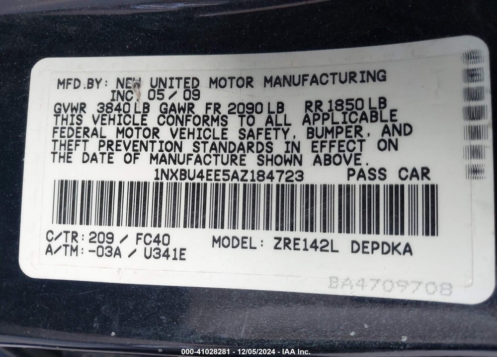 2010 TOYOTA COROLLA VIN: 1NXBU4EE5AZ184723