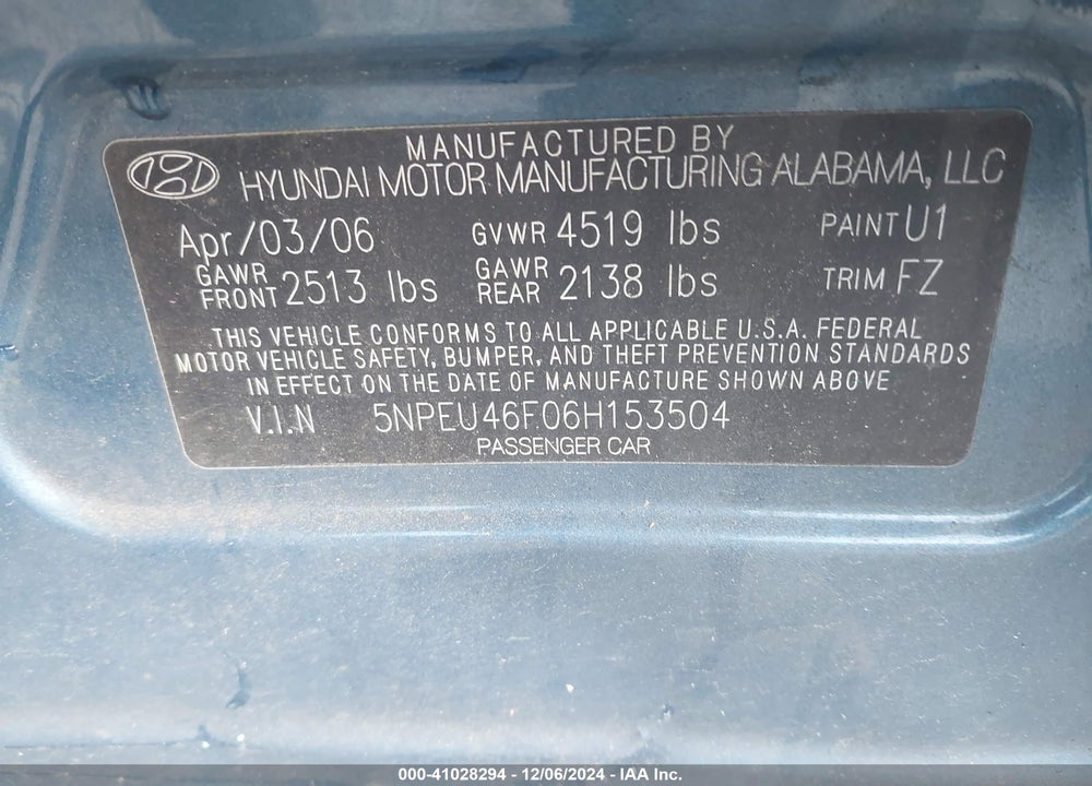 2006 HYUNDAI SONATA GLS V6/LX V6 VIN: 5NPEU46F06H153504