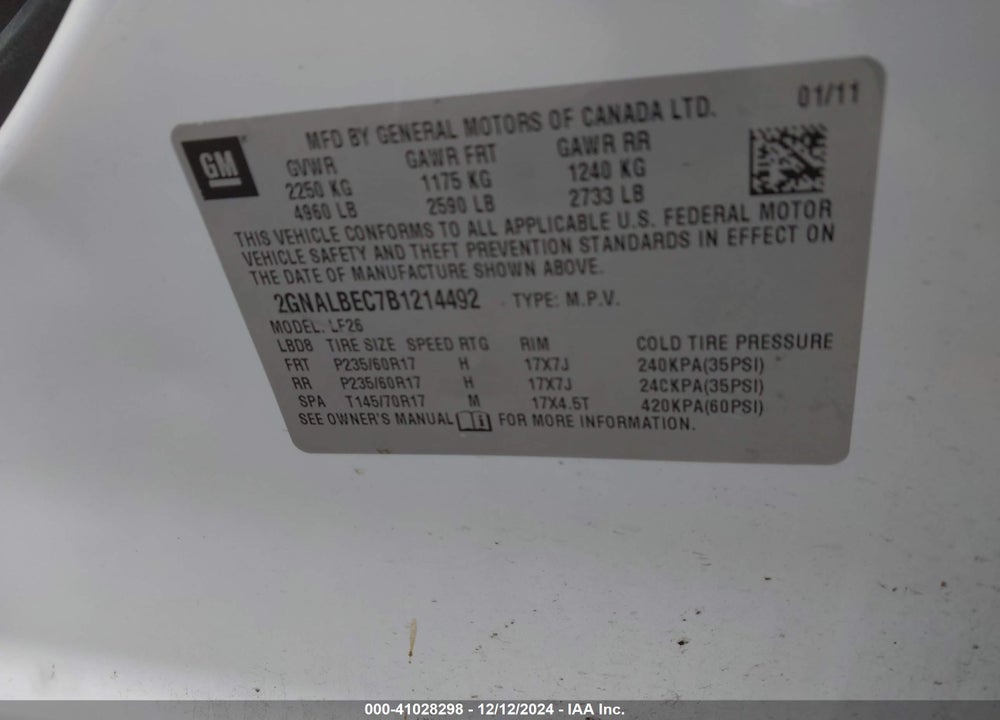 2011 CHEVROLET EQUINOX LS VIN: 2GNALBEC7B1214492