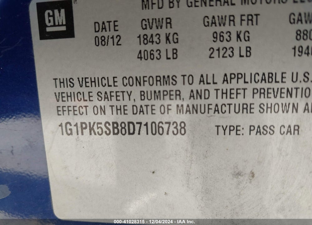 2013 CHEVROLET CRUZE LT VIN: 1G1PK5SB8D7106738