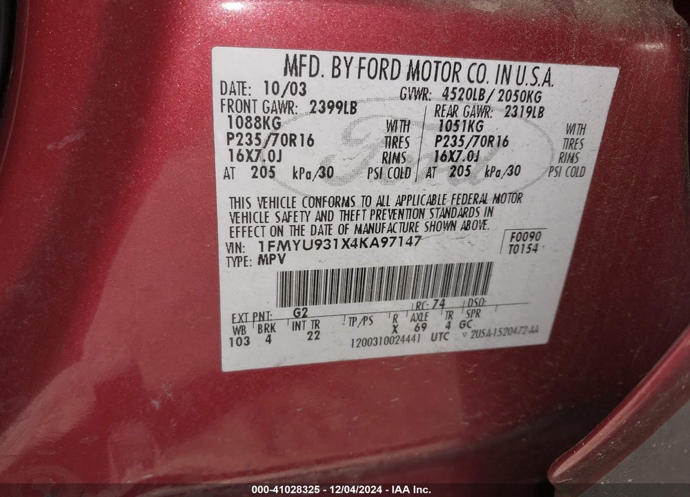 2004 FORD ESCAPE XLT VIN: 1FMYU931X4KA97147