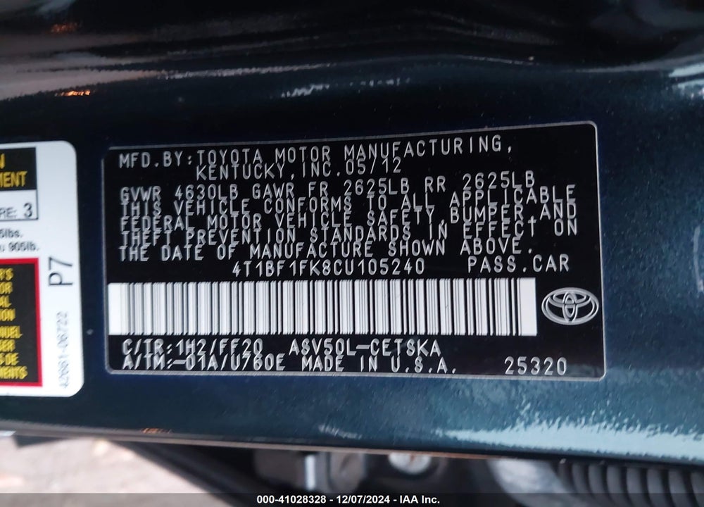 2012 TOYOTA CAMRY SE VIN: 4T1BF1FK8CU105240
