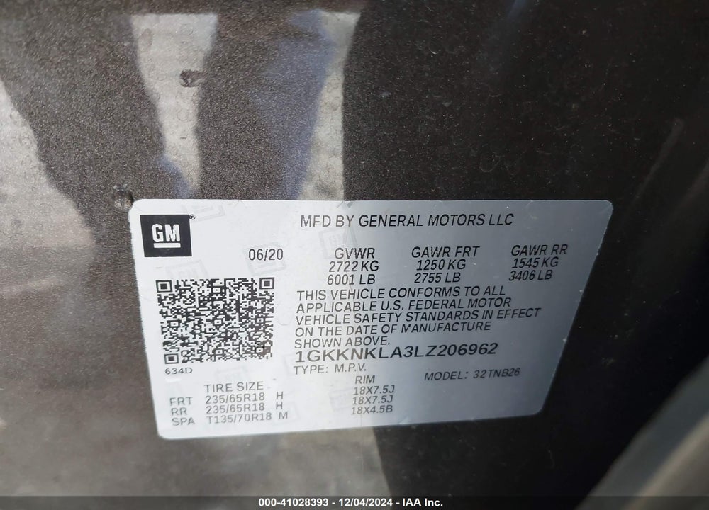 2020 GMC ACADIA FWD SLE VIN: 1GKKNKLA3LZ206962