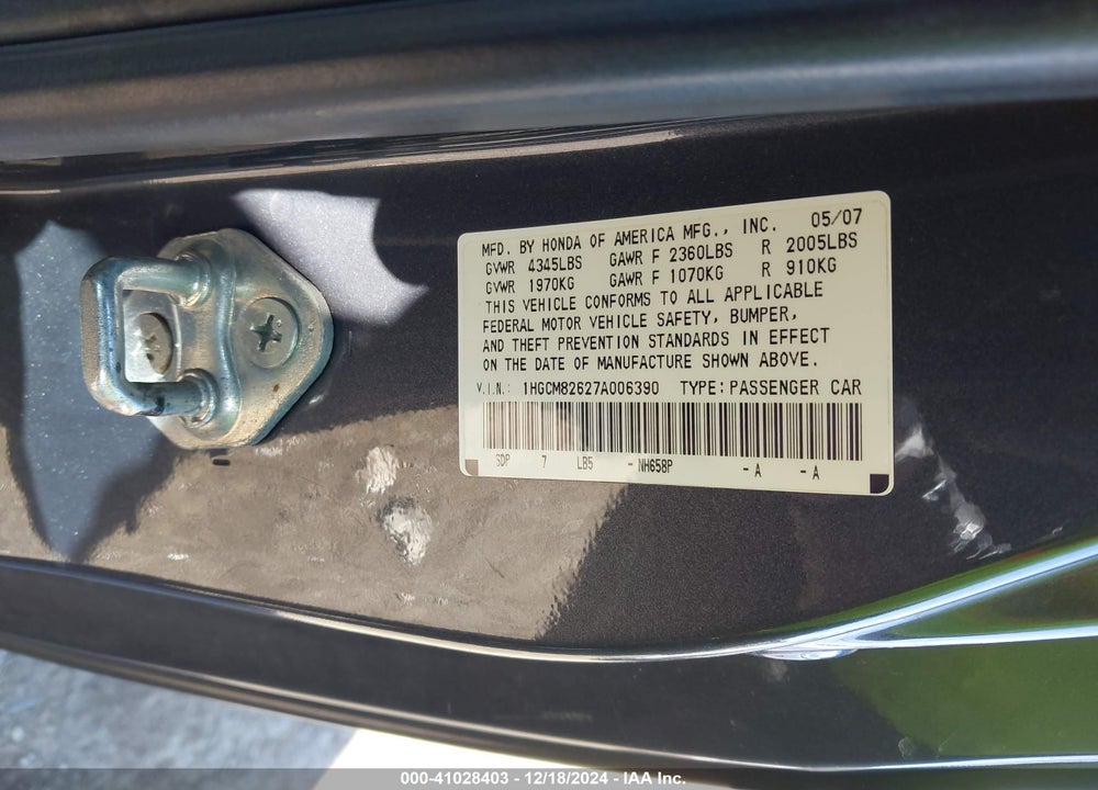 2007 HONDA ACCORD VIN: 1HGCM82627A006390