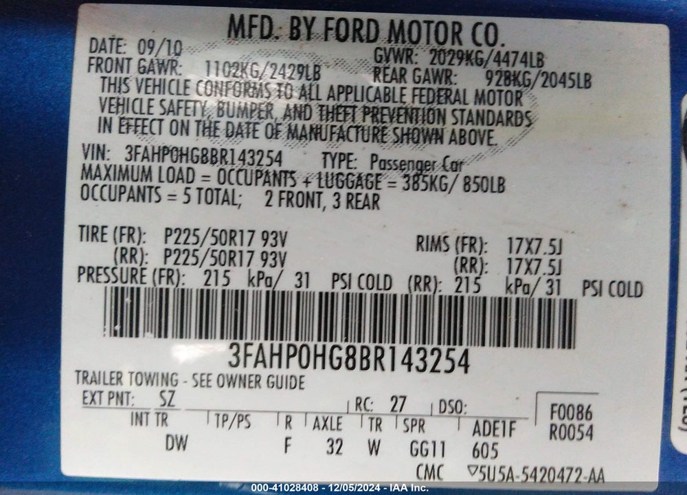 2011 FORD FUSION SE VIN: 3FAHP0HG8BR143254